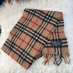Burberry Camel Check Wool Scarf with Black, White and Red Plaid